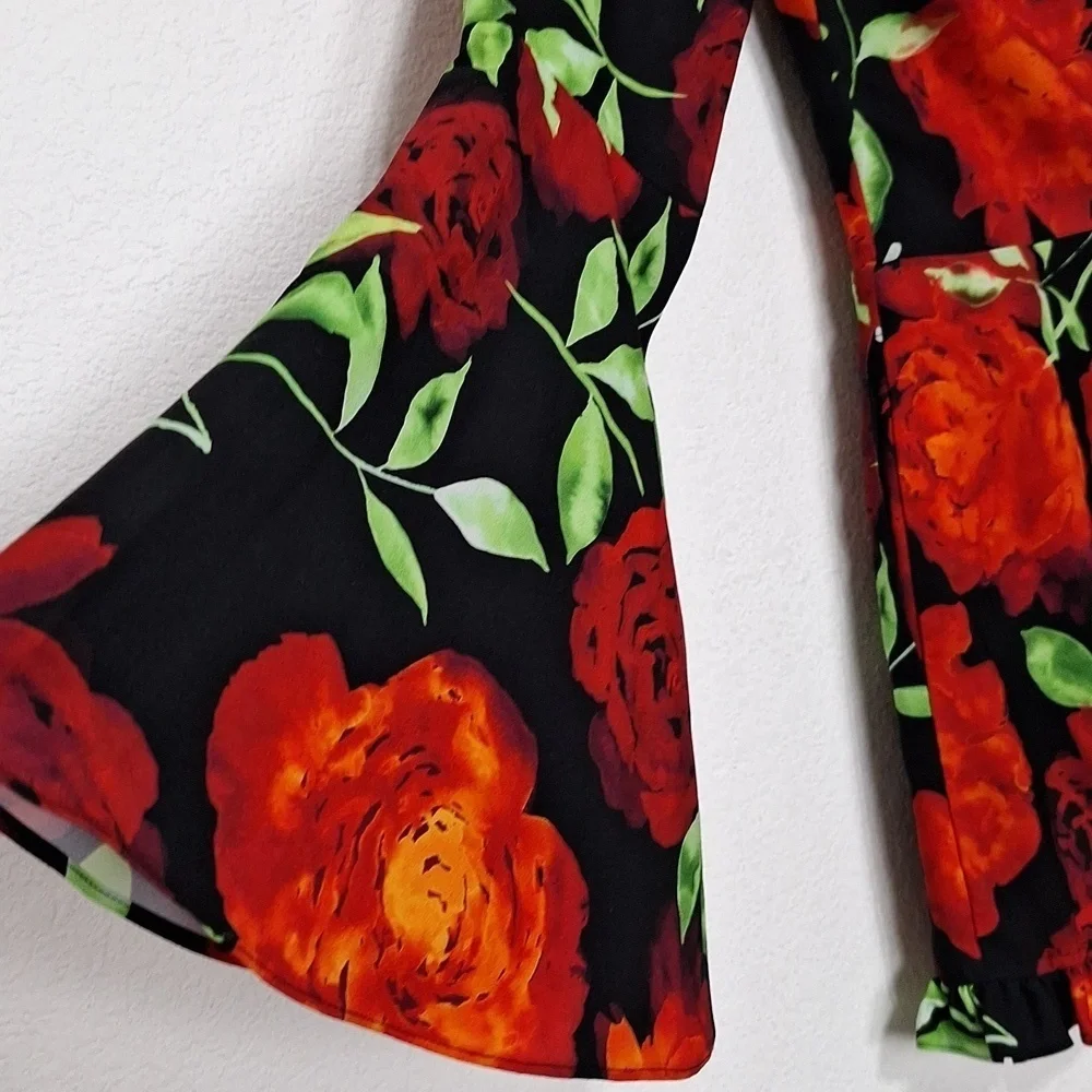 Bebe NEW Red Black Romantic Bohemian Off Shoulder Floral Print Romper Size 0